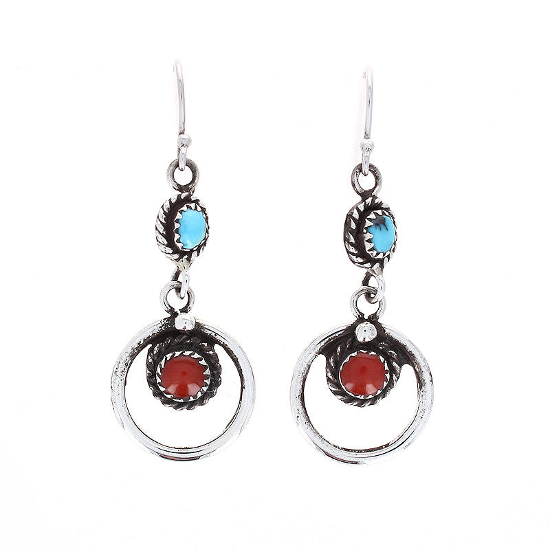 Ladies Sterling Silver Turquoise and Coral Earrings