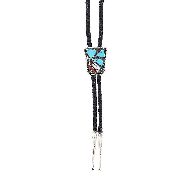 Sterling Silver Navajo Turquoise and Red Coral Bolo Tie