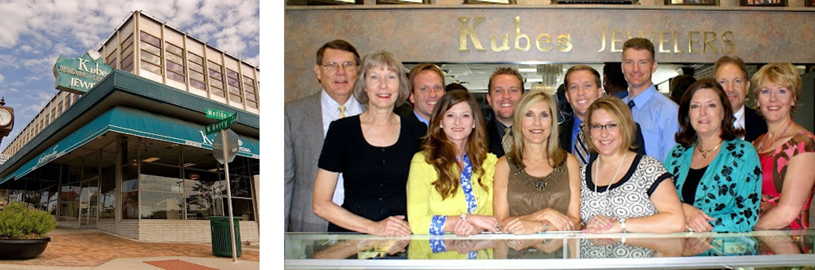 Group photo of people in a jewelry store and an exterior view of Kubes Jewelers building.