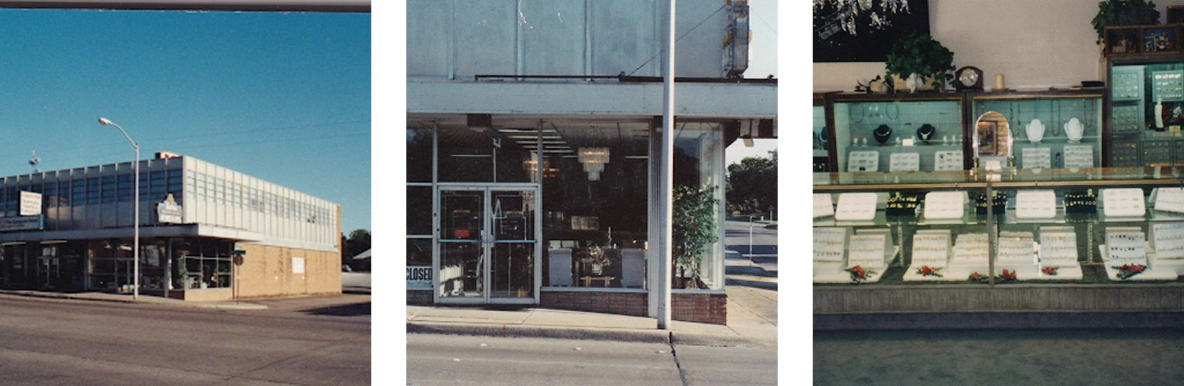Sequence of images showing a building exterior, storefront interior, and jewelry display.