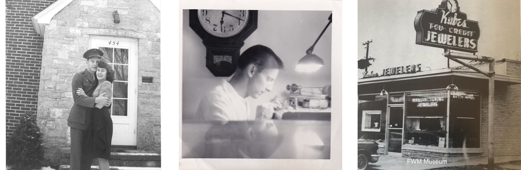 Three black and white photos showing a couple, a person at a desk, and a jewelry store sign.