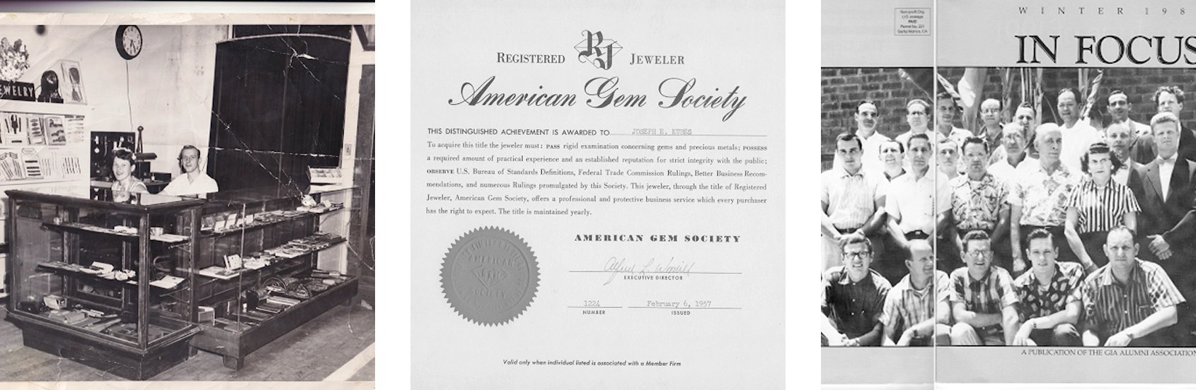 Three images: a vintage store interior, a certificate from the American Gem Society, and a group photo of people.