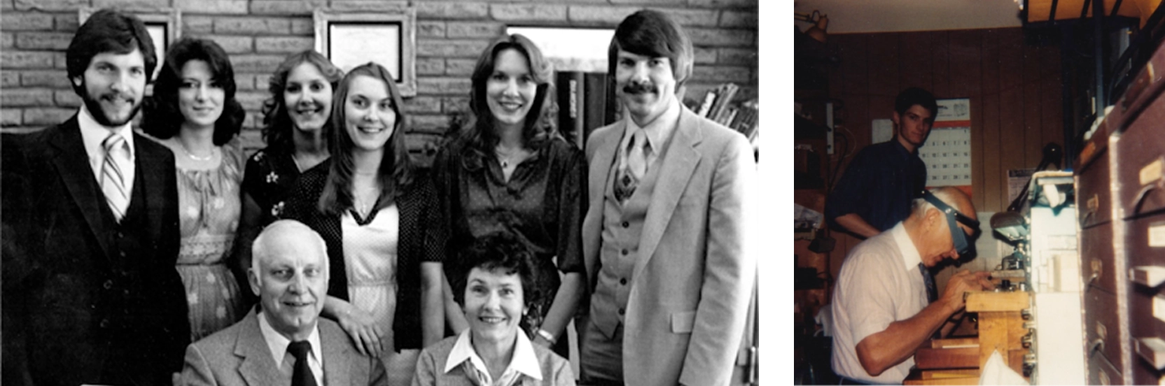 Black and white photo of a family group, followed by a color photo of a person working at a counter.