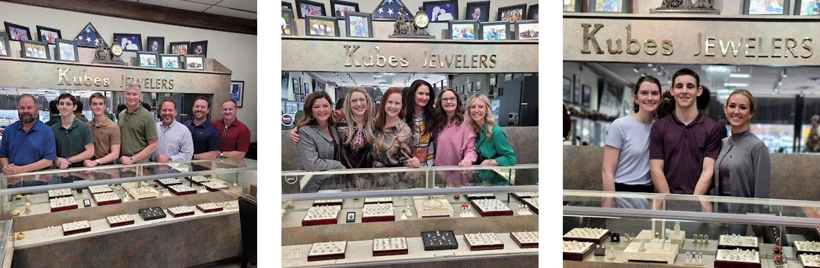 Collage of Kubes Jewelers with employees in front of jewelry display cases.