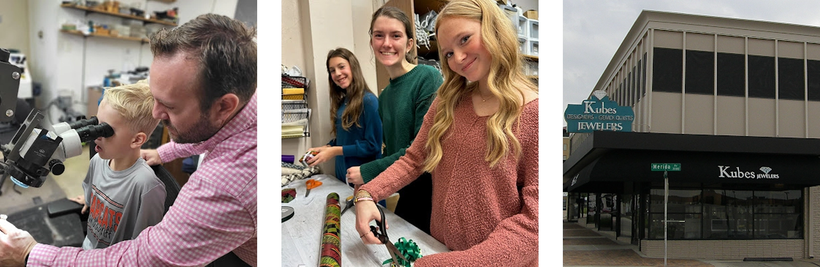 Three images: a man and child with a microscope, three women, and a building exterior with Kubes sign.